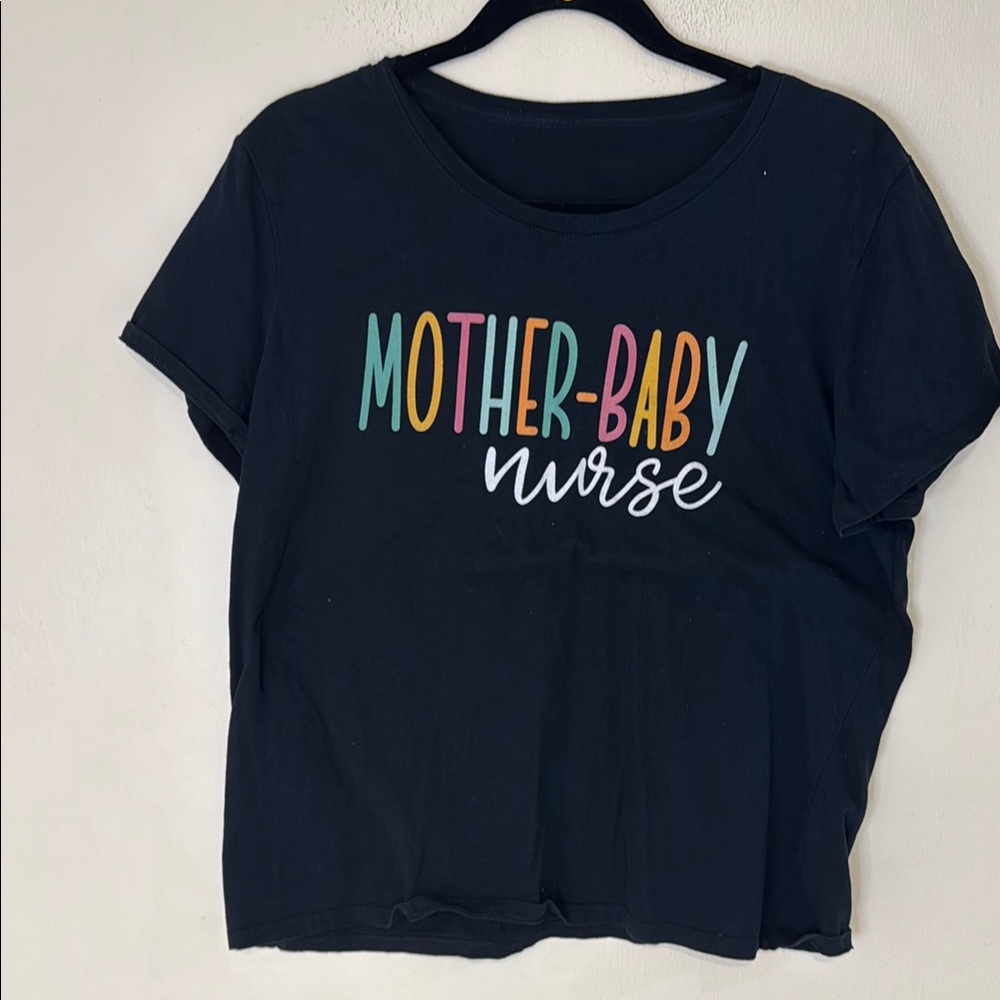 Mom Baby Nurse Black Short Sleeve Tee with Rainbow Text Design